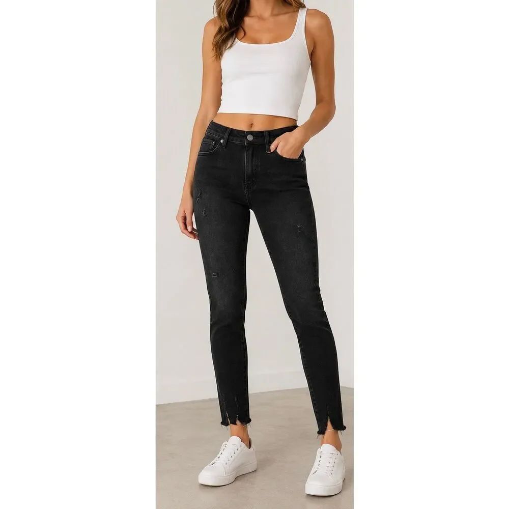 Risen Mid Rise Raw Hem Skinny Jeans Black Wash Size 27/5